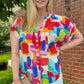 Colorful Brush Stroke Printed Button Split Neck Blouse