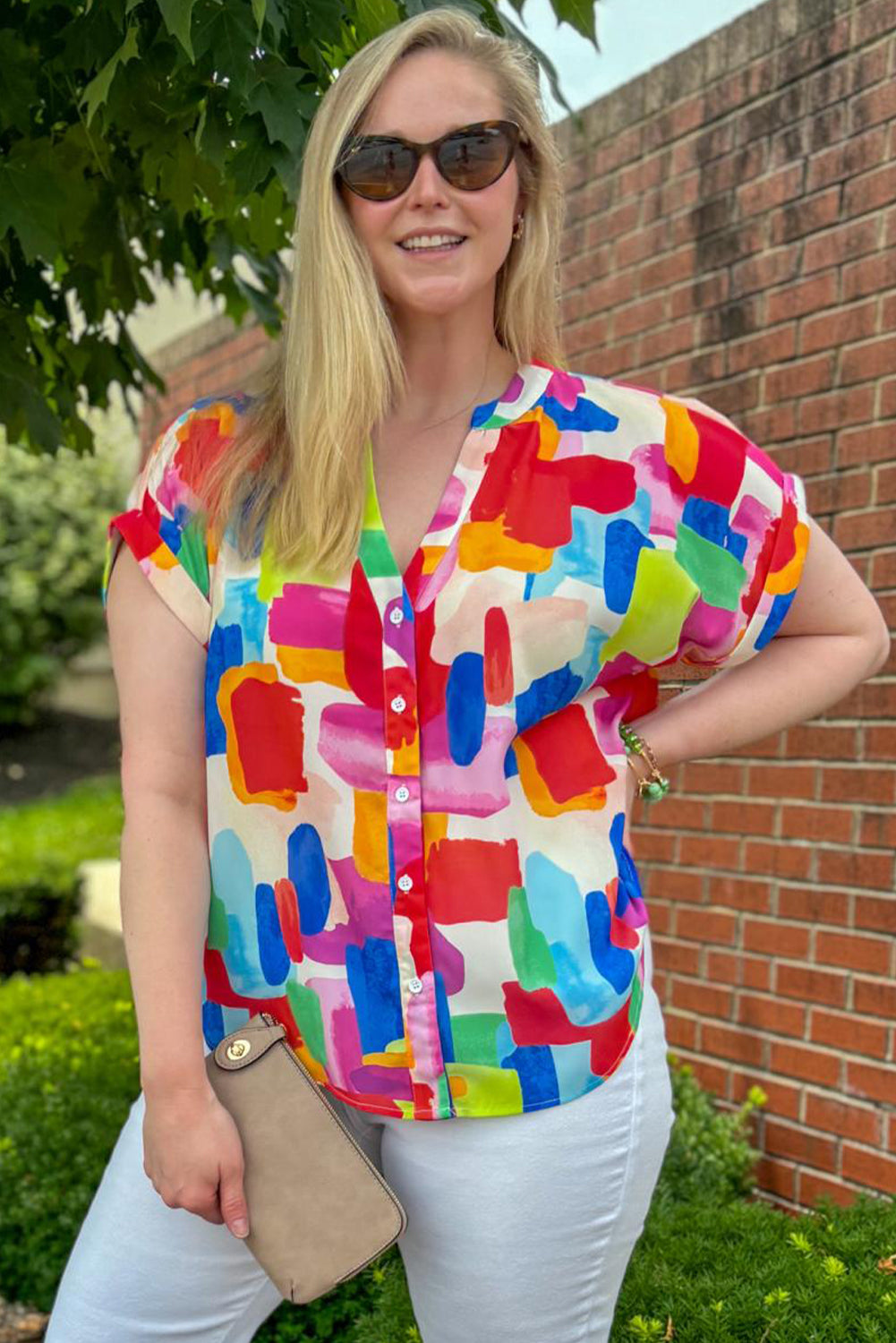 Colorful Brush Stroke Printed Button Split Neck Blouse