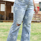 Sky Blue Star Printed Multi Buttons Slit Knee Destroyed Jeans