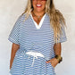 Blue Stripe Short Sleeve Collared V Neck Top Short Set