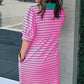 Rose Stripe Collared V Neck Puff Sleeve T Shirt Dress w/ Pockets