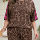 Brown Retro Leopard Print Contrast Varsity Stripe Trim 2pcs Short Set