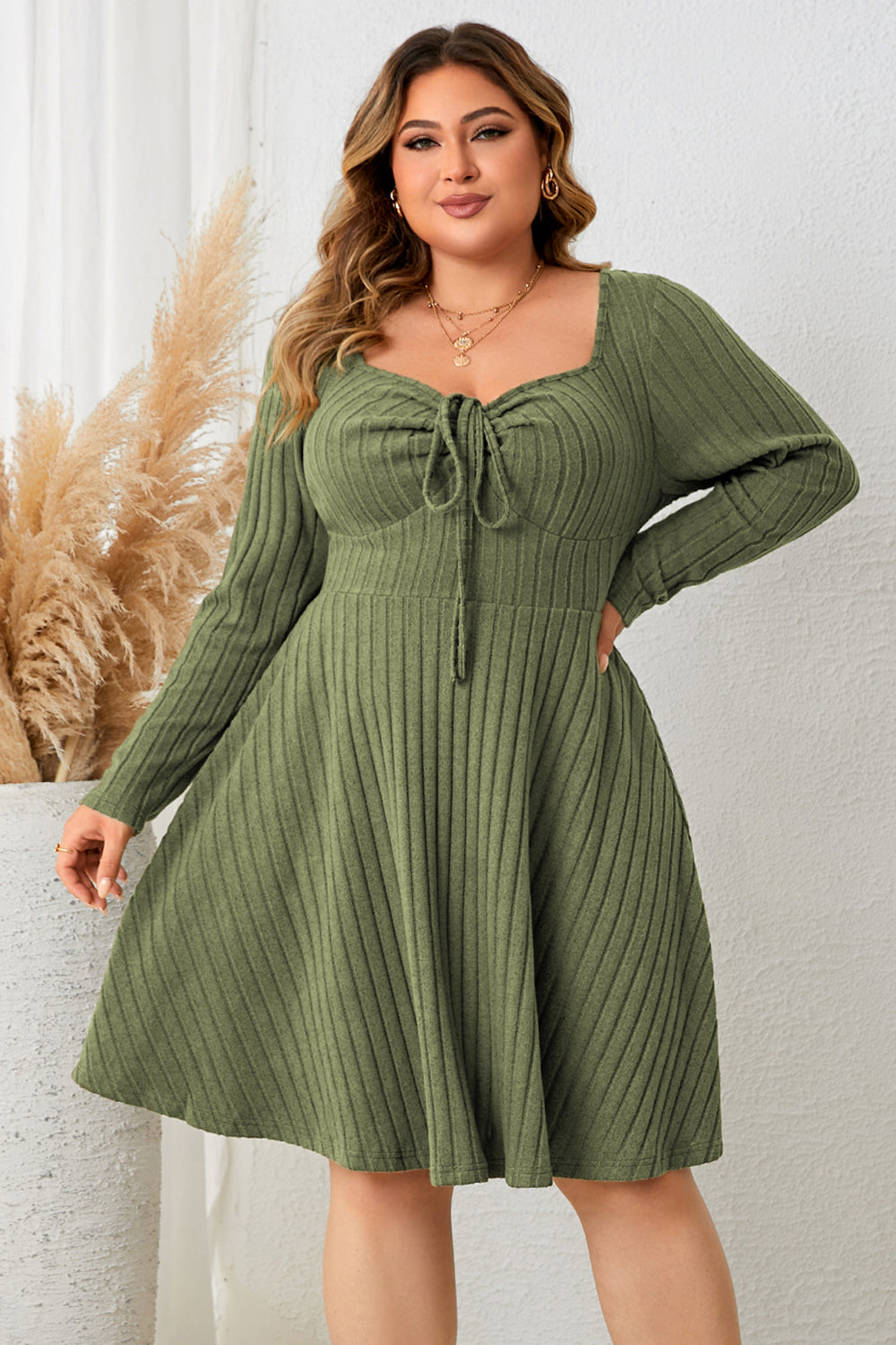 Honey Sweetheart Neck Long Sleeve Ribbed Dress