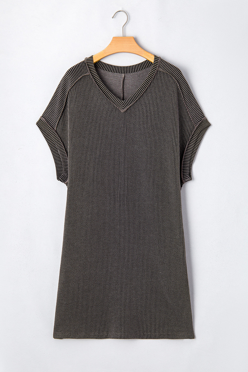 Carbon Grey Corded V Neck T Shirt Dress with Pockets