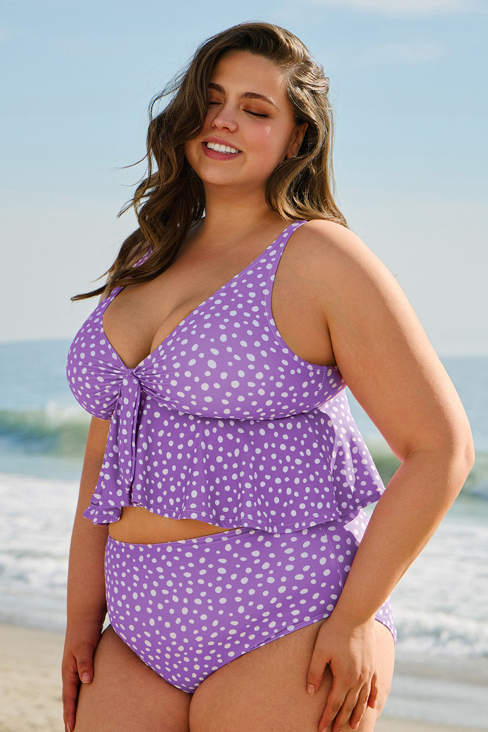 Purple Polka Dot Print Ruffled Knotted V Neck Tankini Set