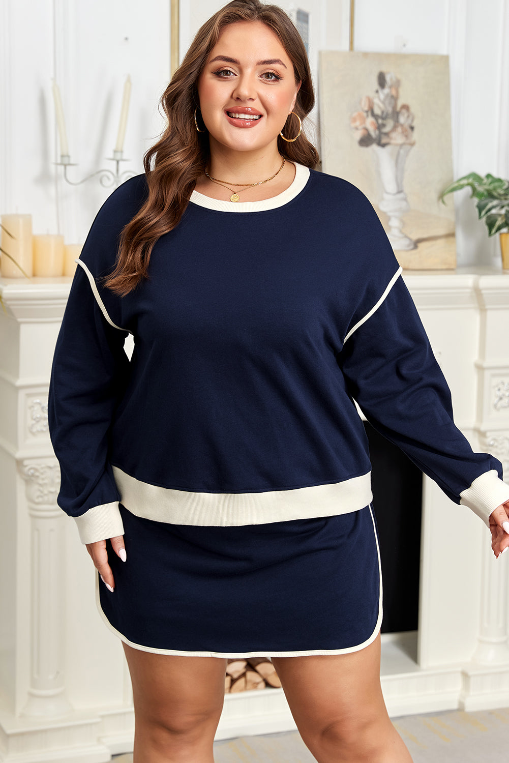 Navy Blue Color Block Drop Shoulder Top and Lace-up Skirt Outfit