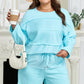 Aruba Blue Solid Color Splicing Raw Hem Pullover Top Shorts Set