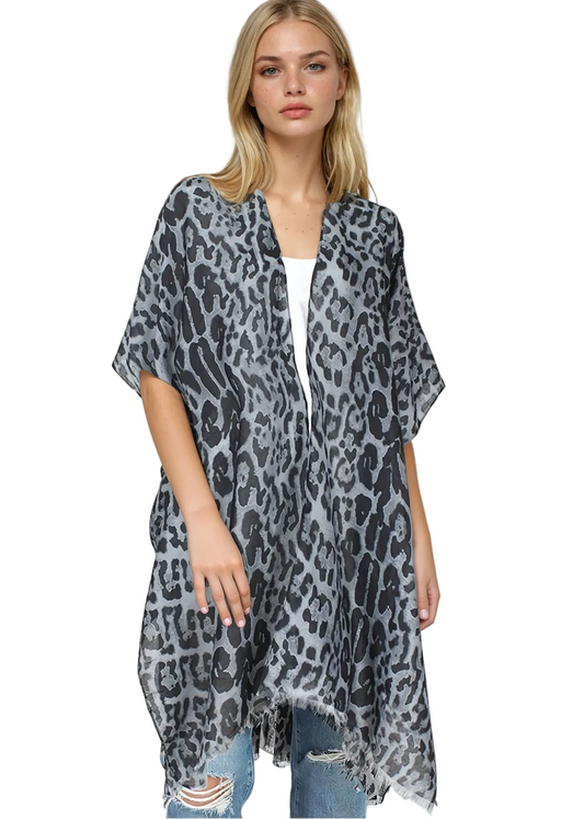 Grey Leopard Print Kimono with Fringe