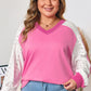 Bonbon Lace Striped Patchwork Long Sleeve Corded V Neck Top