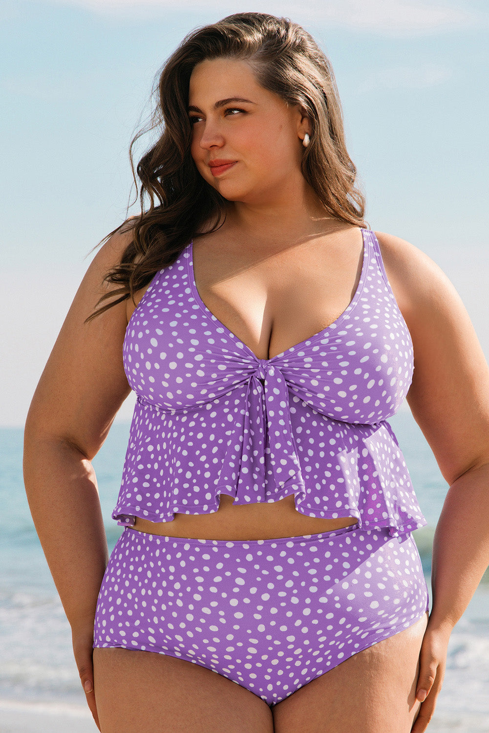 Purple Polka Dot Print Ruffled Knotted V Neck Tankini Set
