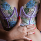 Purple Florals Embroidery Bustier  Lingerie Set