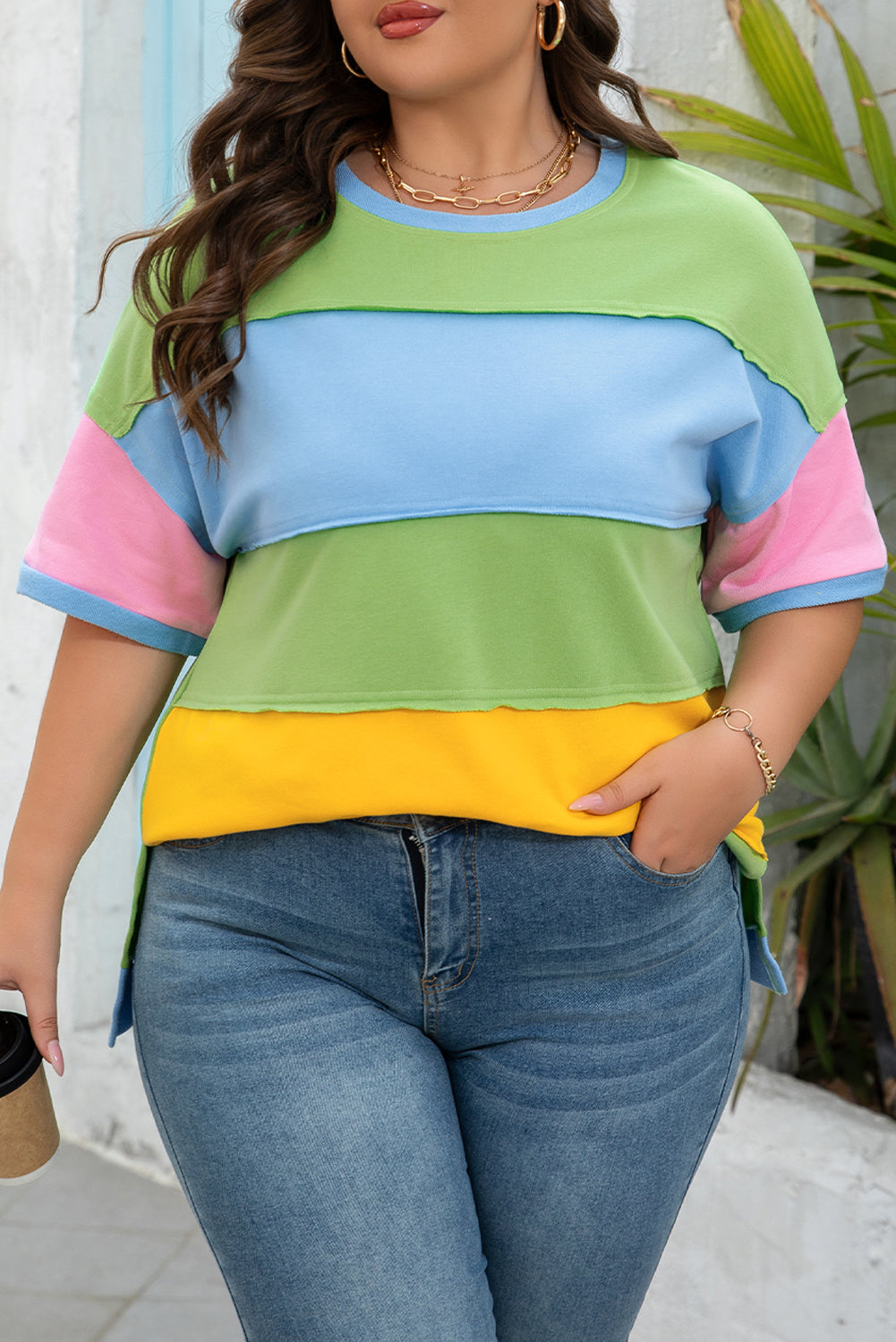 Light Blue Color Block Exposed Seam Patchwork T Shirt
