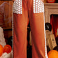 Gold Flame Floral Crochet Patch Drawstring Wide Leg Pants