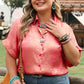 Rose Red Metallic Sheen Short Sleeve Button Up Shirt