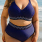 Navy Blue Embroidered Trim Wrap Tie Knot High Waisted Bikini