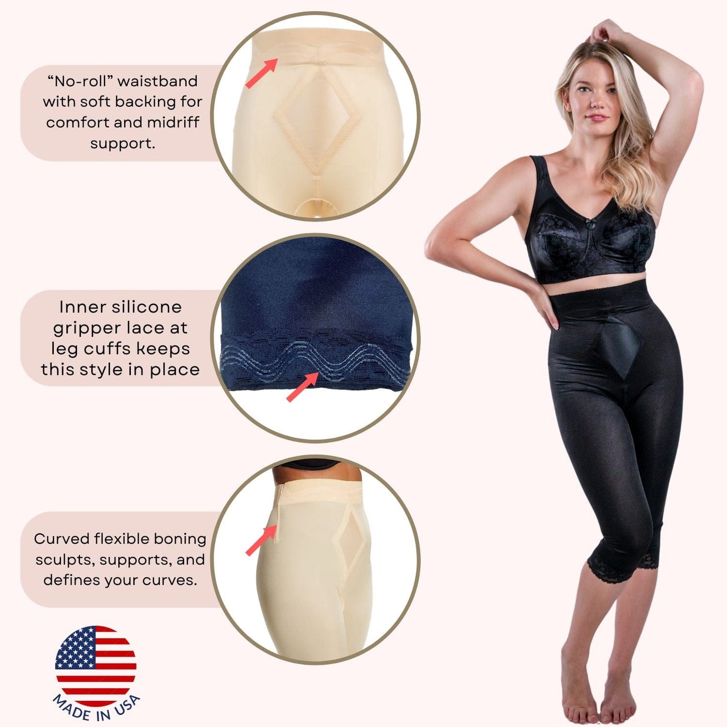 High Waist Capri Pant Liner with Tummy Control Satin Panel| Memory Compression Fabric | Medium Support