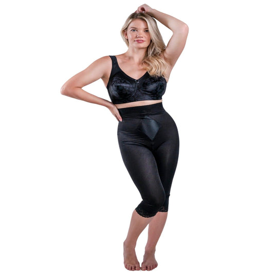 High Waist Capri Pant Liner with Tummy Control Satin Panel| Memory Compression Fabric | Medium Support