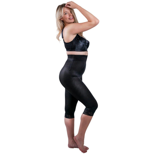 High Waist Capri Pant Liner with Tummy Control Satin Panel| Memory Compression Fabric | Medium Support