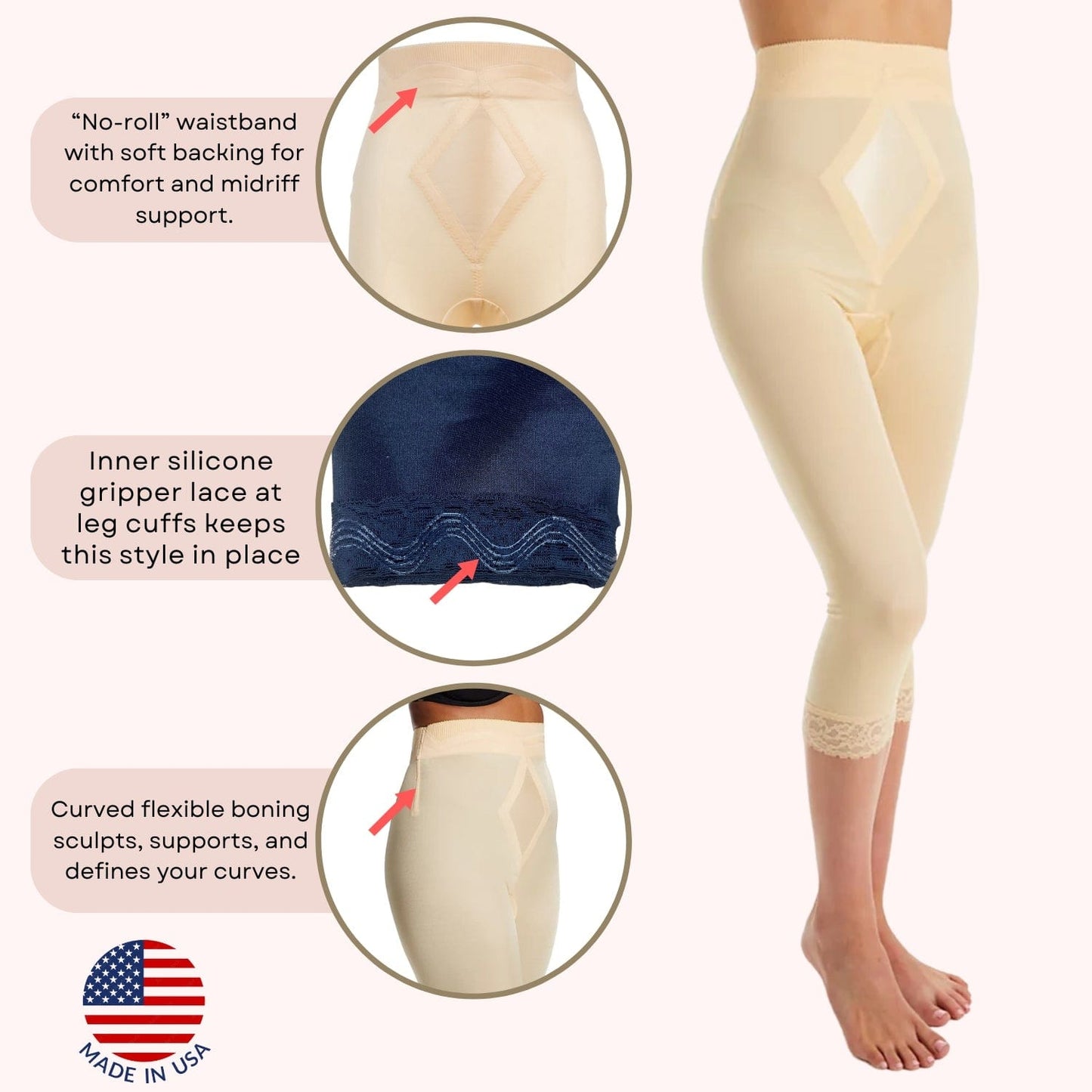 High Waist Capri Pant Liner with Tummy Control Satin Panel| Memory Compression Fabric | Medium Support
