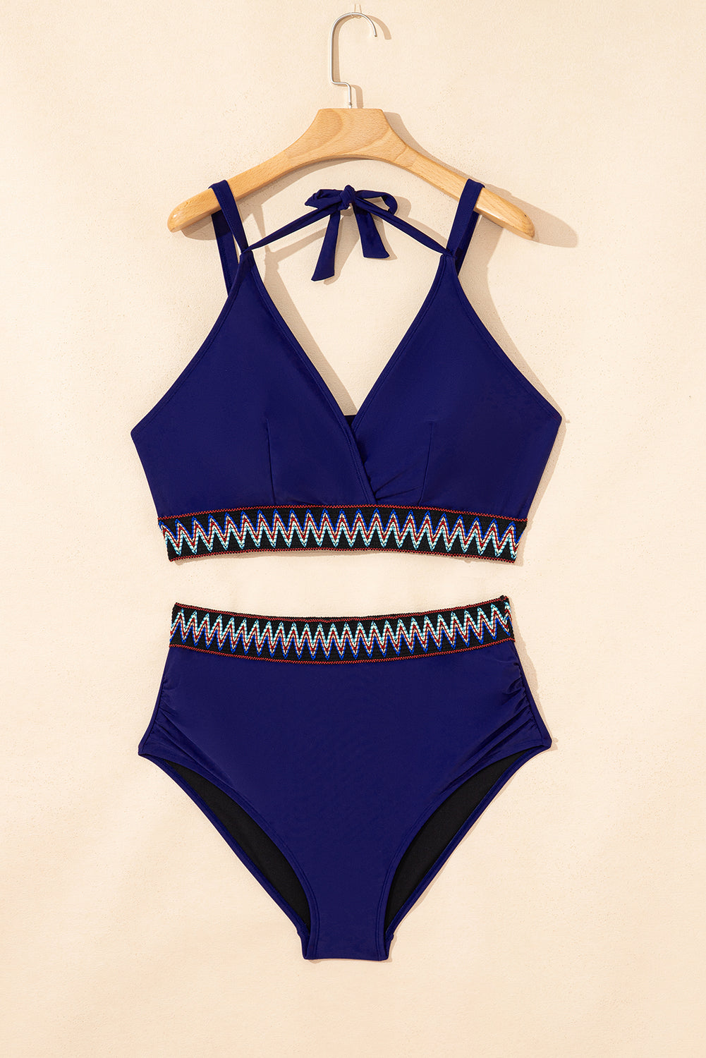 Navy Blue Embroidered Trim Wrap Tie Knot High Waisted Bikini
