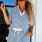 Blue Stripe Short Sleeve Collared V Neck Top Short Set