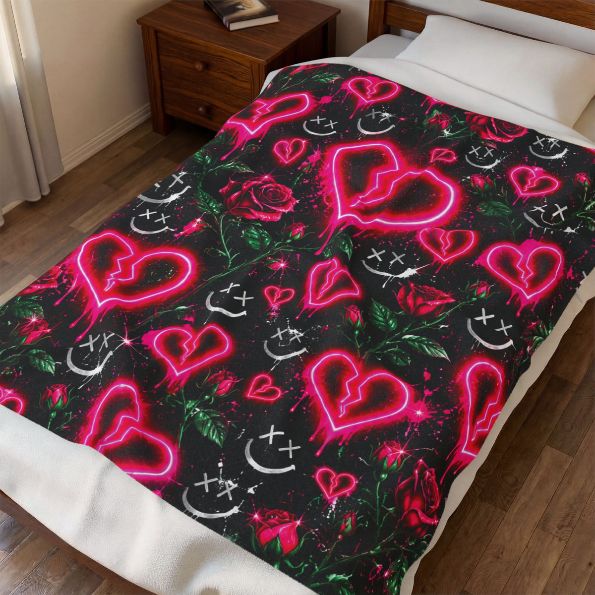 Neon Pink Heart and Rose Velveteen Plush Blanket