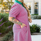 Rose Stripe Collared V Neck Puff Sleeve T Shirt Dress w/ Pockets
