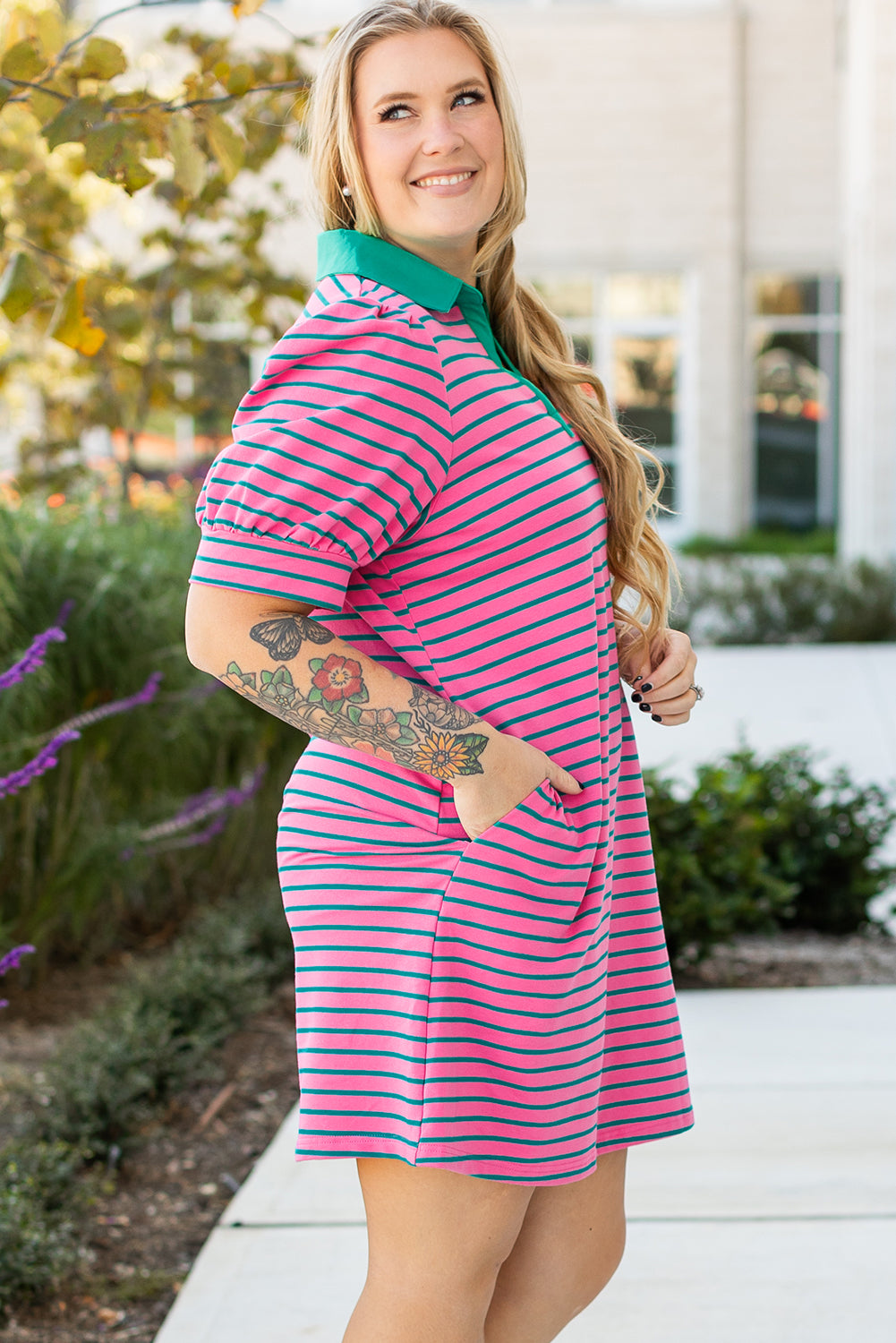 Rose Stripe Collared V Neck Puff Sleeve T Shirt Dress w/ Pockets