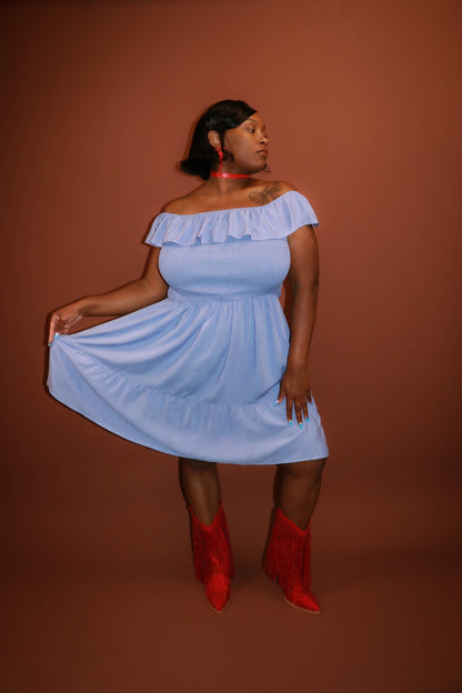 Ruffled Smocked Off-Shoulder Mini Dress