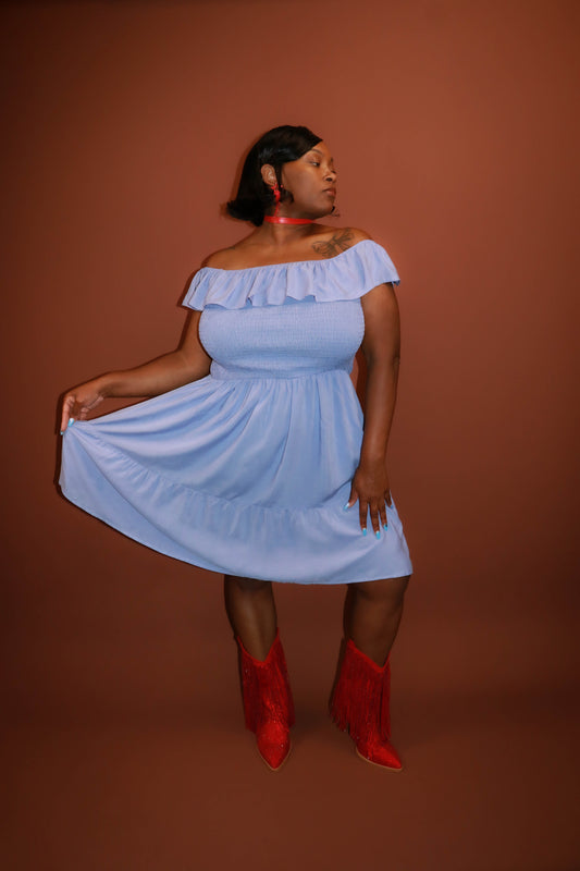 Ruffled Smocked Off-Shoulder Mini Dress