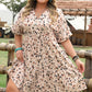 Beige Printed Surplice V Neck Cuffed Sleeve Empire Waist Dress