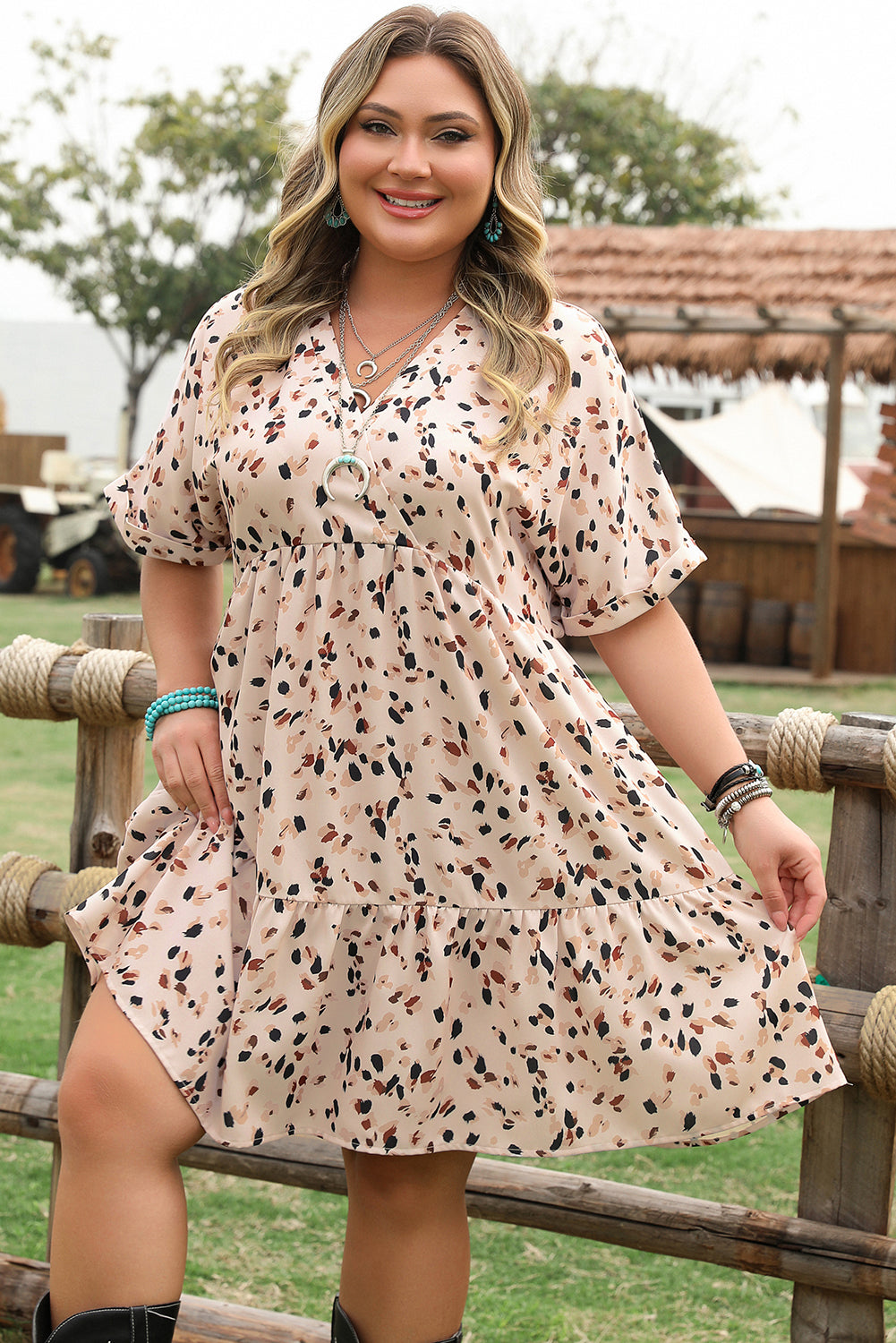 Beige Printed Surplice V Neck Cuffed Sleeve Empire Waist Dress