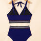 Navy Blue Embroidered Trim Wrap Tie Knot High Waisted Bikini