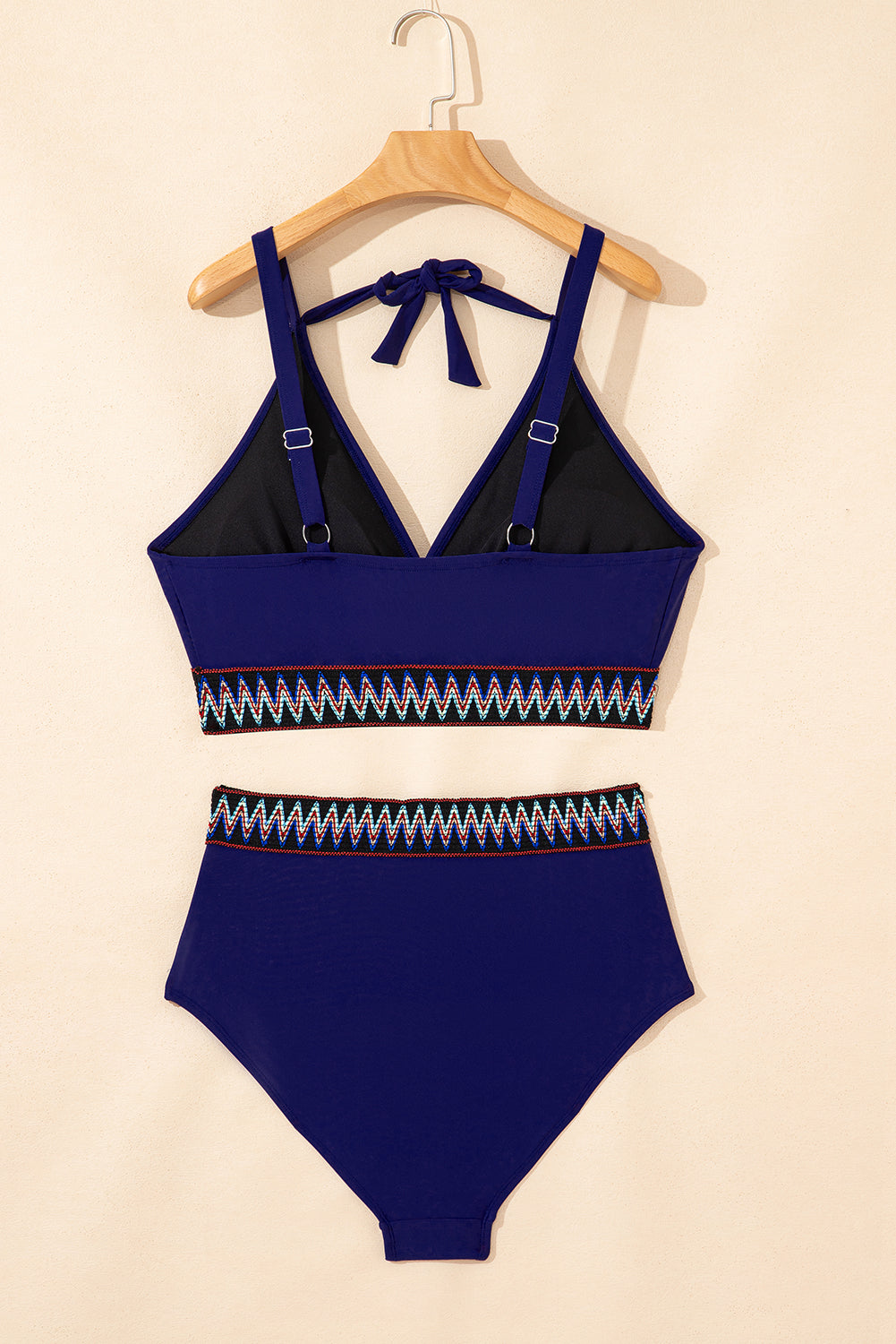 Navy Blue Embroidered Trim Wrap Tie Knot High Waisted Bikini