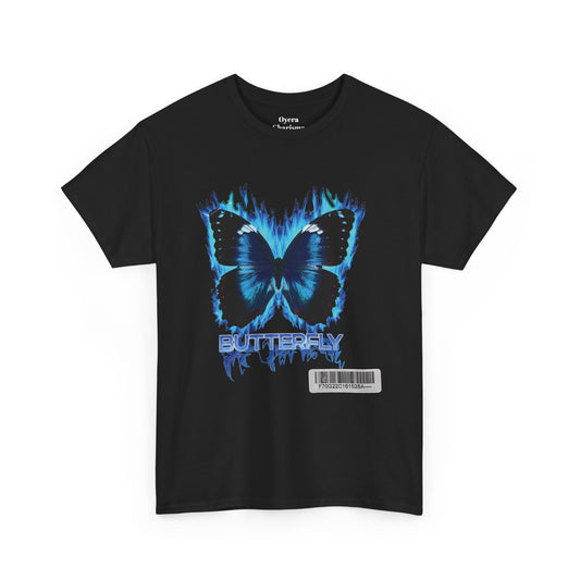 Blue Flame Butterfly T-Shirt — Graphic 'BUTTERFLY' Tee with Barcode