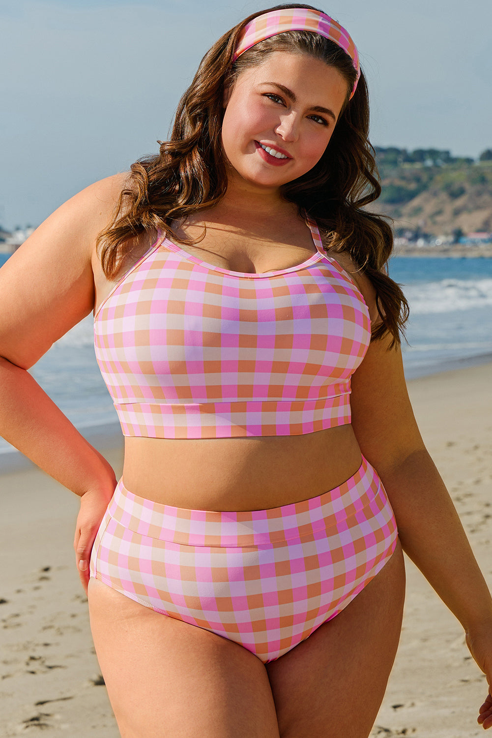 Pink Plaid Print High Waist Bikini Set