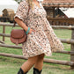 Beige Printed Surplice V Neck Cuffed Sleeve Empire Waist Dress