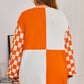 Orange Checkered Bubble Sleeve Drop Shoulder Open Cardigan