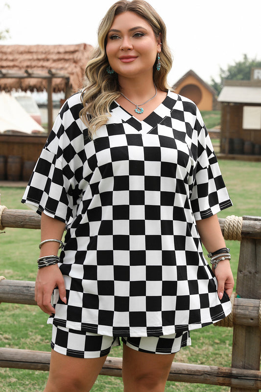 Black Checkered Pattern Tee and Shorts Two Piece Set