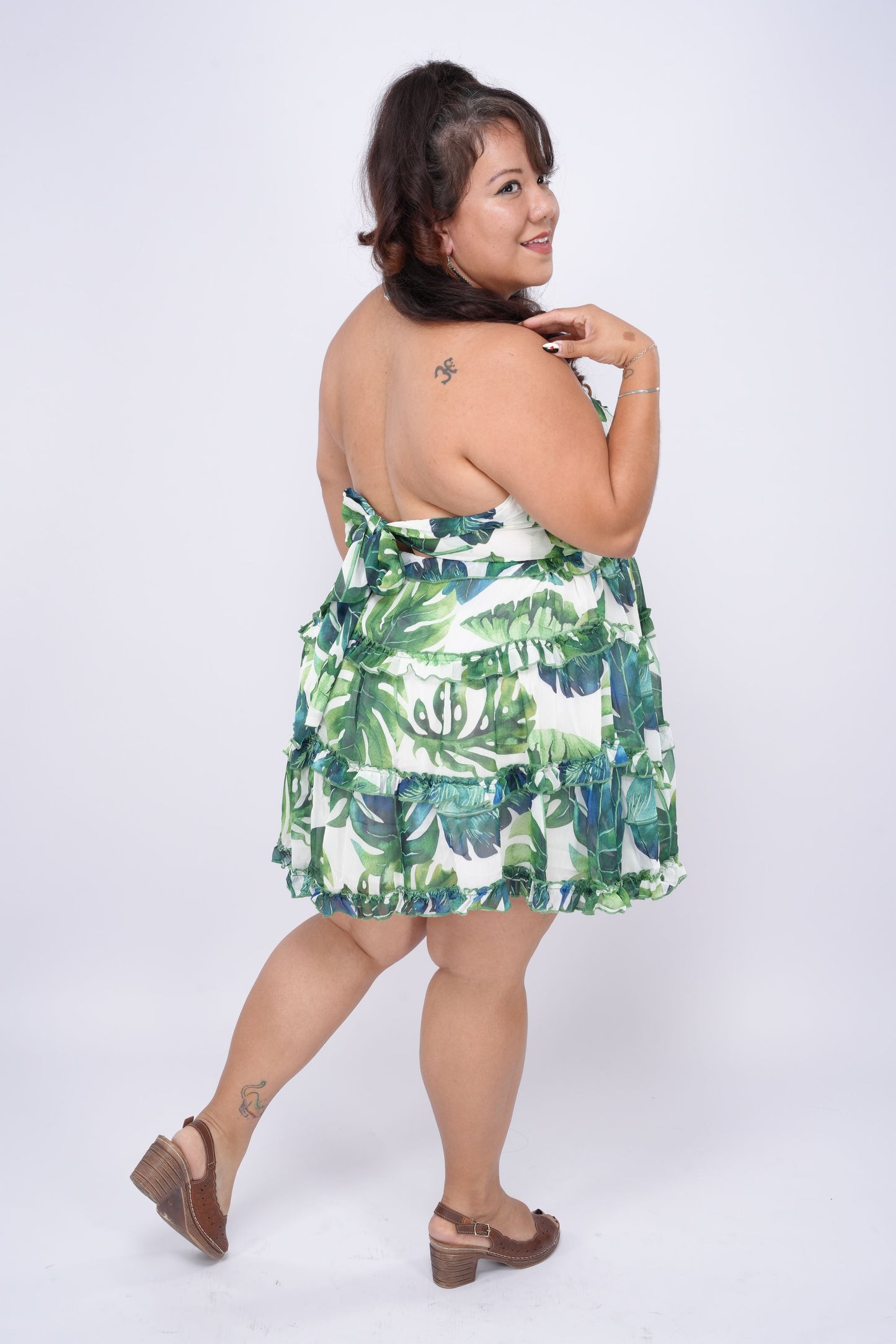 Leaf Print O-ring Mini Dress - Plus Size
