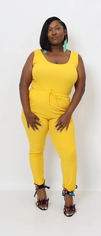 Ribbed Sleeveless Drawstring Waist Jumpsuit
