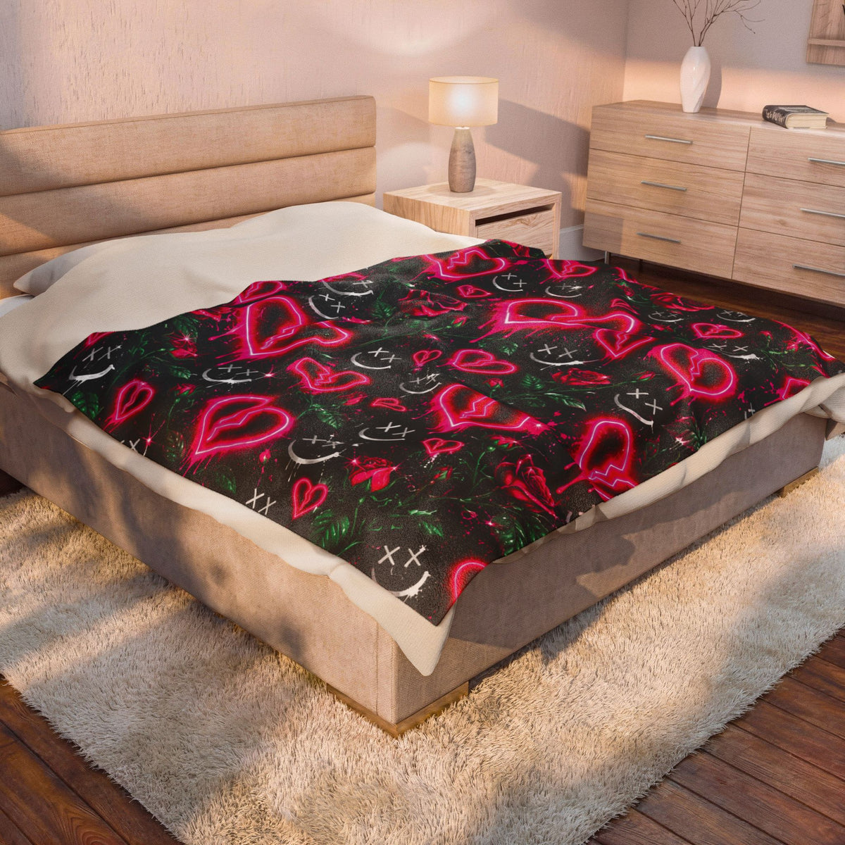 Neon Pink Heart and Rose Velveteen Plush Blanket