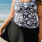 Black Printed Square Neck Drawstring Ruffled Tankini Set