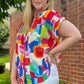Colorful Brush Stroke Printed Button Split Neck Blouse