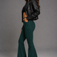 Leopard Print Bell Bottom Jean in Pine Green