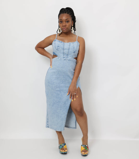 Cutout Slit Spaghetti Strap Denim Dress