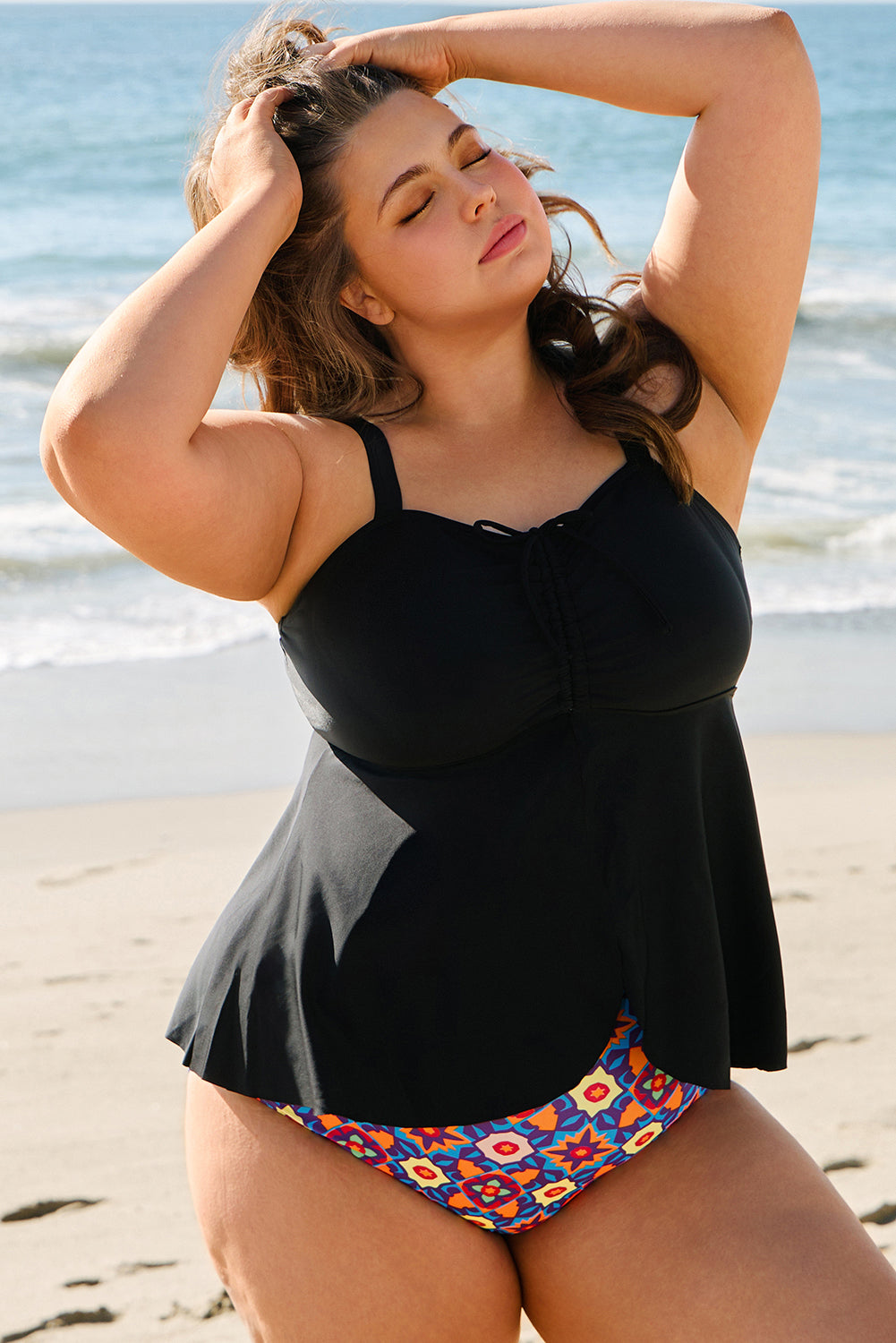 Black Drawstring Tied Front Flared Top Geometric Print Bottom Tankinis