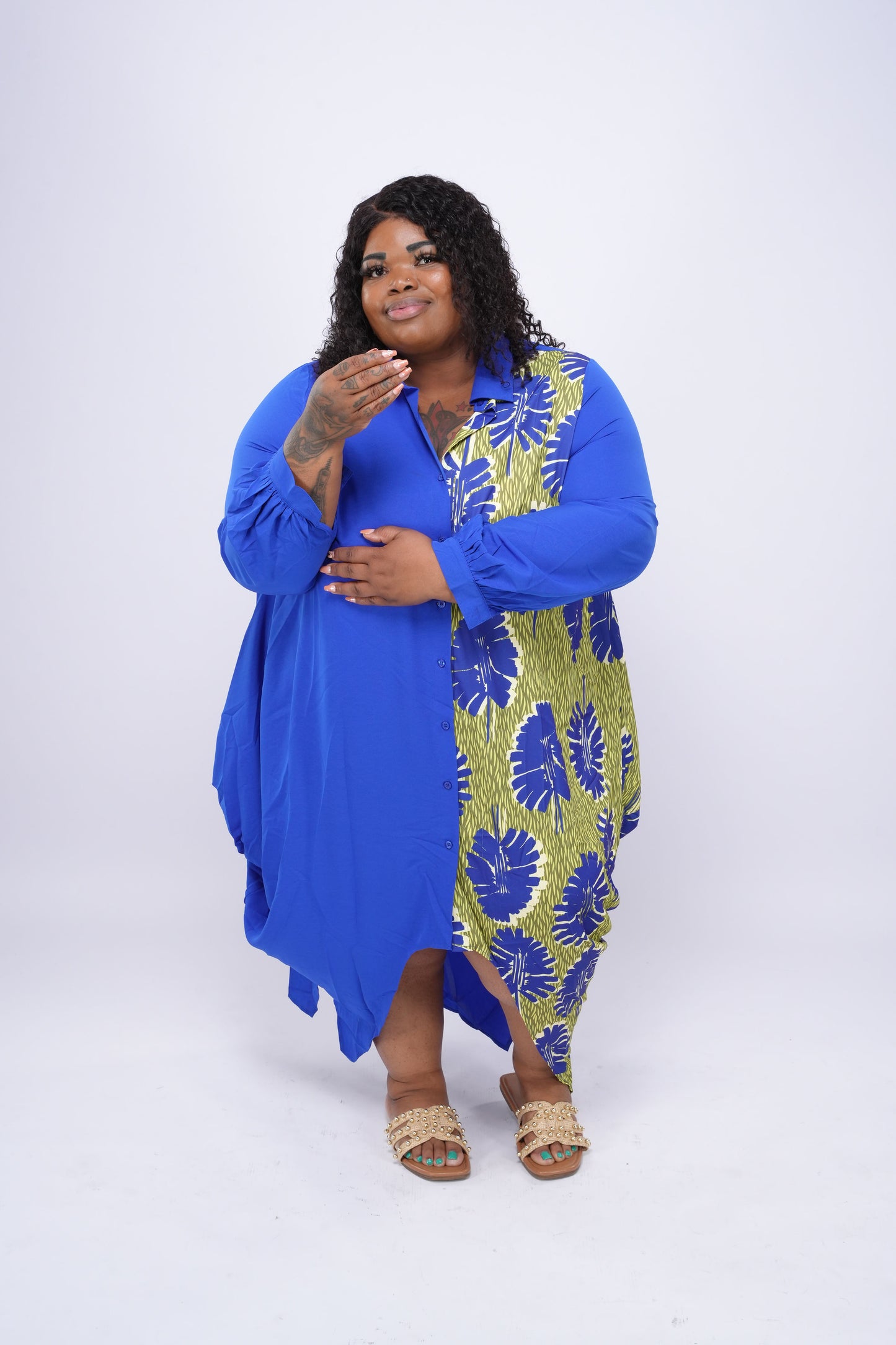 Print Drapy Shirt Maxi Dress