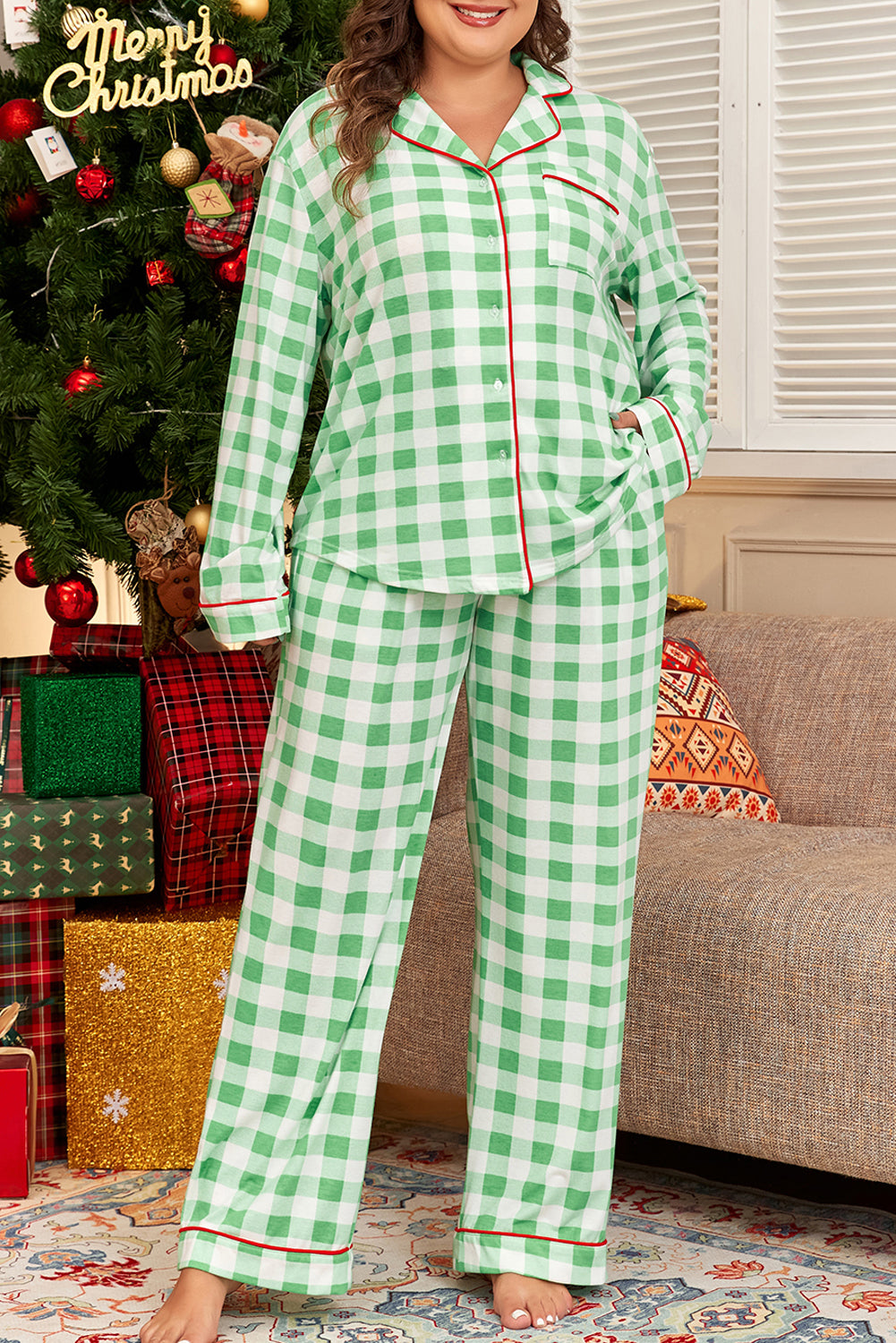 Green Plaid Print Contrast Trim Long Sleeve Pajama Set
