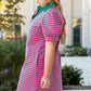 Rose Stripe Collared V Neck Puff Sleeve T Shirt Dress w/ Pockets